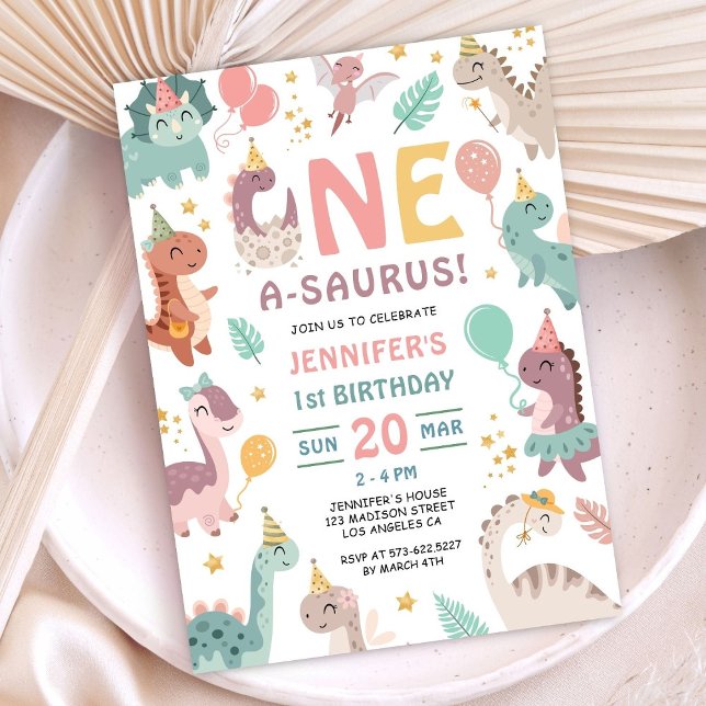 Convites Boho Dinosaur Girl 1st Birthday Invitation (Criador carregado)