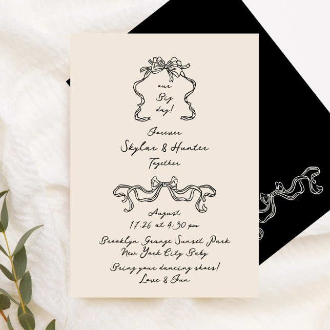 Convites Boho Doodle Casamento Retro Black Cream Manuscrito (Criador carregado)