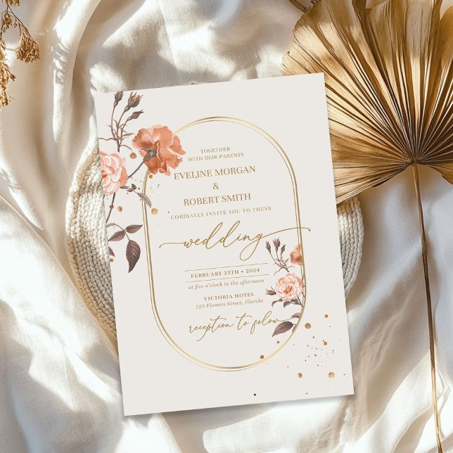 Convites Boho dourado aquarela rosa castanho (Boho gold arch watercolor rose brown hues leaves invitation)
