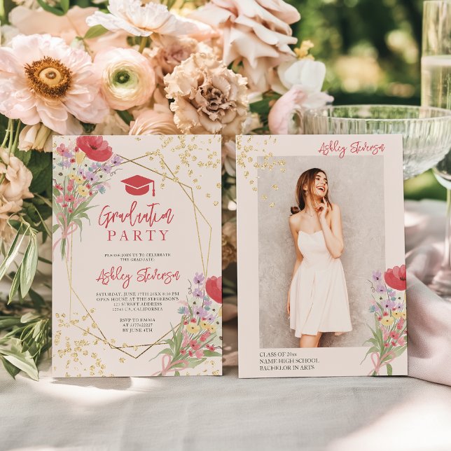 Convites Boho dourado brilho floral rosa foto formatura (Boho gold glitter floral pink photo graduation invitation)