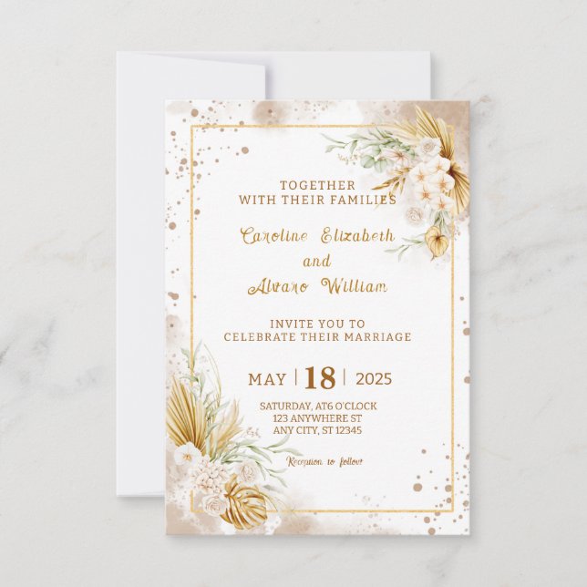 Convites Boho Dourado Brilho Grama Pampas & Orquídea Casame (Frente)