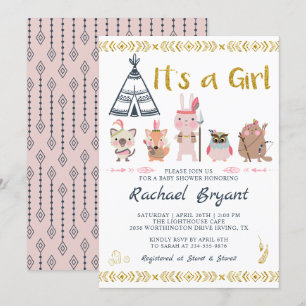 Convites Boho Dourado Rosa É Um Chá de fraldas