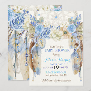 Convites Boho Dream Catcher Feather Blue Ivory Brown