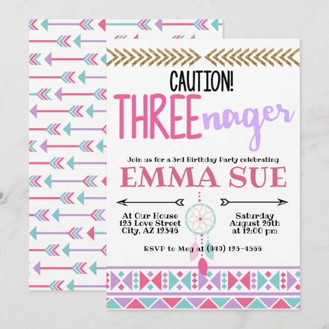 Convites Boho Dreamcatcher Caution Three Nager aniversário  (Frente/Verso)