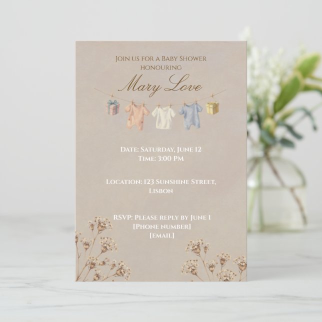 Convites Boho Dried Flower Baby Shower Invitation (Em pé/Frente)