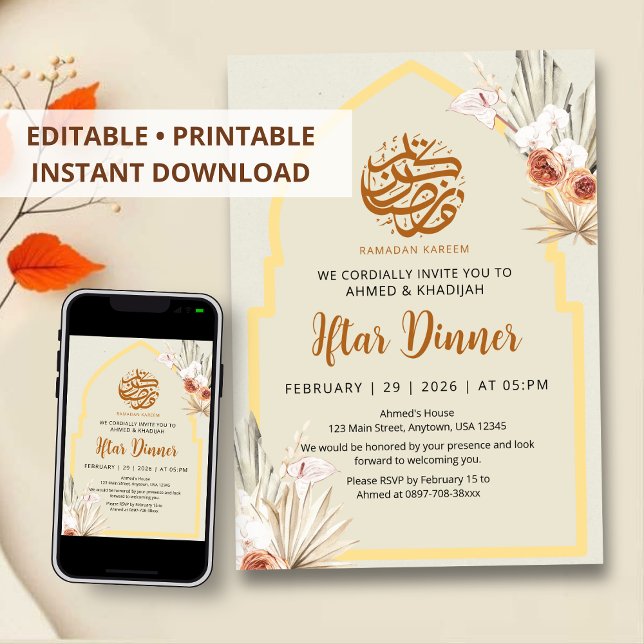 Convites Boho Dried Flowers Ramadan Iftar Dinner Invitation (Criador carregado)