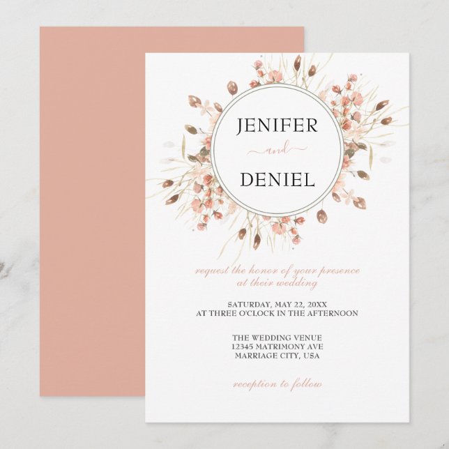 Convites Boho Dried Watercolor Floral Wedding (Frente/Verso)