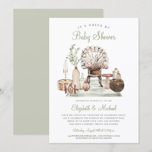 Convites Boho Drive By Green Eucalyptus Chá de fraldas Inv