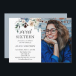 Convites Boho Dusty Blue Beige Flowers Foto Sweet 16<br><div class="desc">Flores azuis poeirentas e beigres neutras com folhas secas.</div>