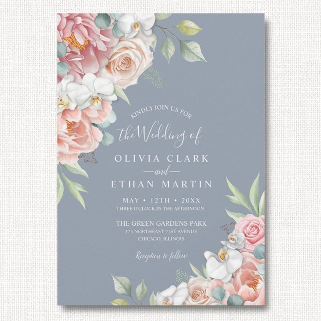 Convites Boho Dusty Blue Blush Casamento Russo Floral Rosa  (Criador carregado)