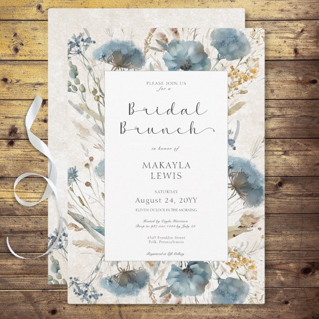 Convites Boho Dusty Blue & Brown Floral Bridal Brunch (Boho Dusty Blue & Brown Floral Bridal Brunch Invitation)