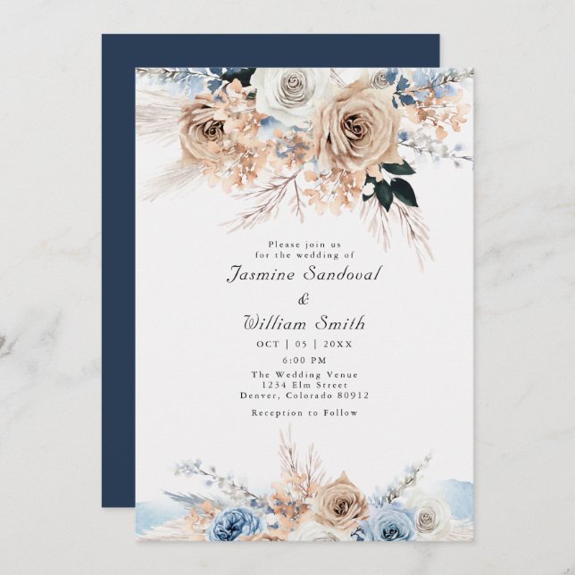 Convites Boho Dusty Blue e Beige Floral Weding (Frente/Verso)