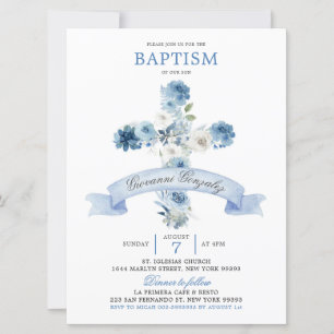 Convites Boho Dusty Blue Floral Cross Baptism