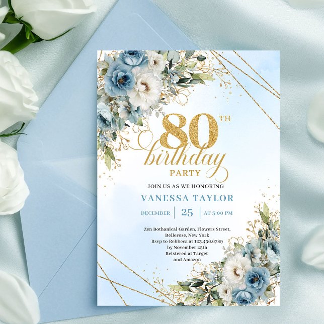 Convites Boho Dusty Blue Floral Gold 80th Birthday Invite (Boho Dusty Blue Floral Gold 80th Birthday Invitation XL

)