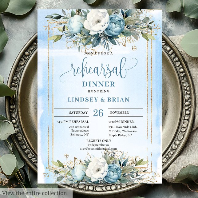 Convites Boho Dusty Blue Floral Gold Glitter Dinner Invites (Boho Dusty Blue Floral Gold Glitter Dinner Invitation)