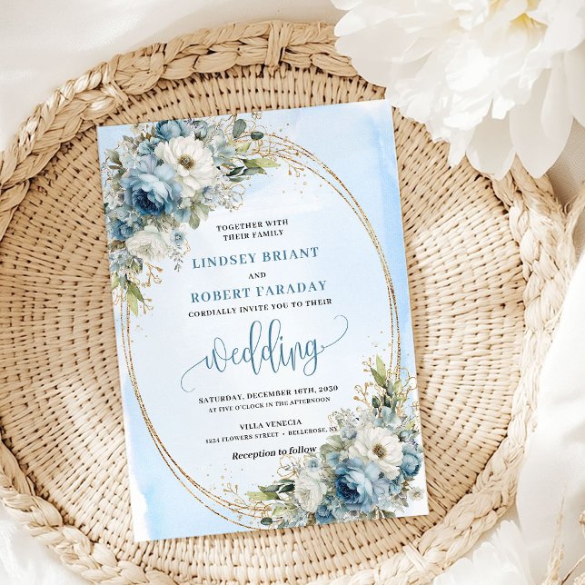 Convites Boho Dusty Blue Floral Gold Wedding Invitation (Boho Dusty Blue Floral Gold Wedding Invite)