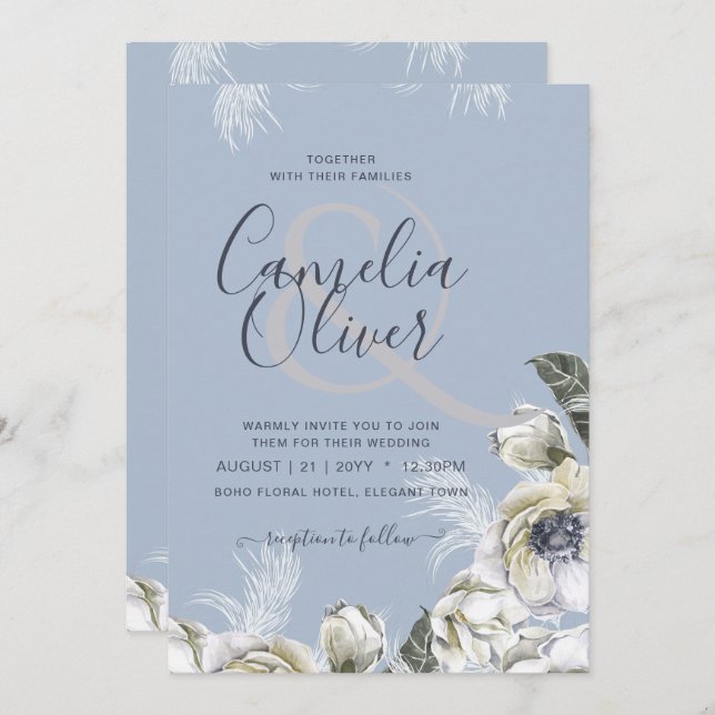 Convites BoHO Dusty Blue Pampas Casamento Floral (Frente/Verso)