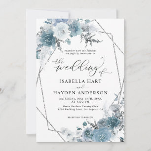 Convites Boho Dusty Blue Slate Pastel Silver Foil Casamento