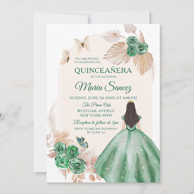 Convites Boho Dusty Green Floral Mexicana Quinceañera (Frente)