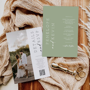 Convites Boho Dusty Green Foto de Casamento Moderno QR Códi