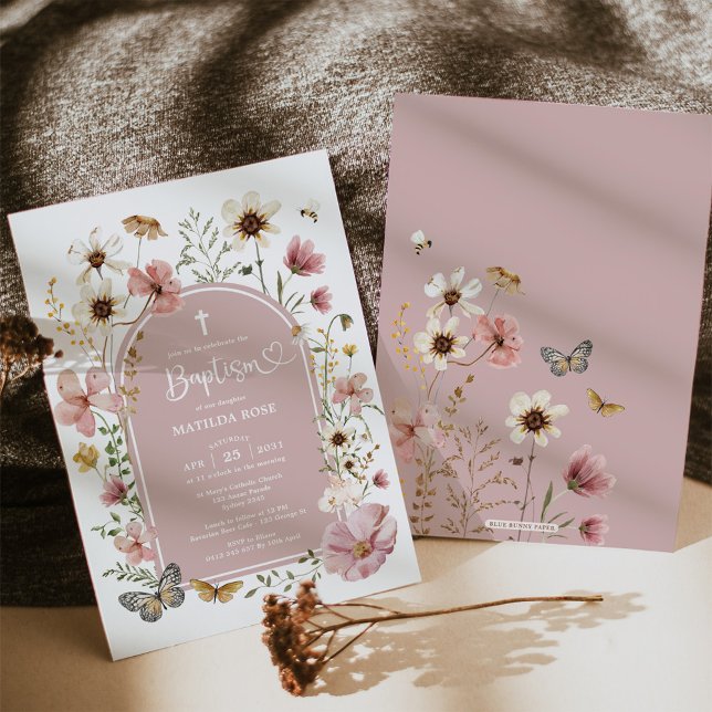 Convites Boho Dusty Pink Wildflower Baptism (Criador carregado)