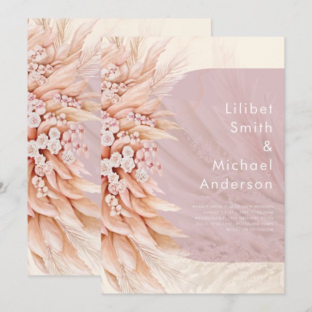 Convites BoHO Dusty Rosa Coral PAMPAS Casamento GRASS (Frente/Verso)