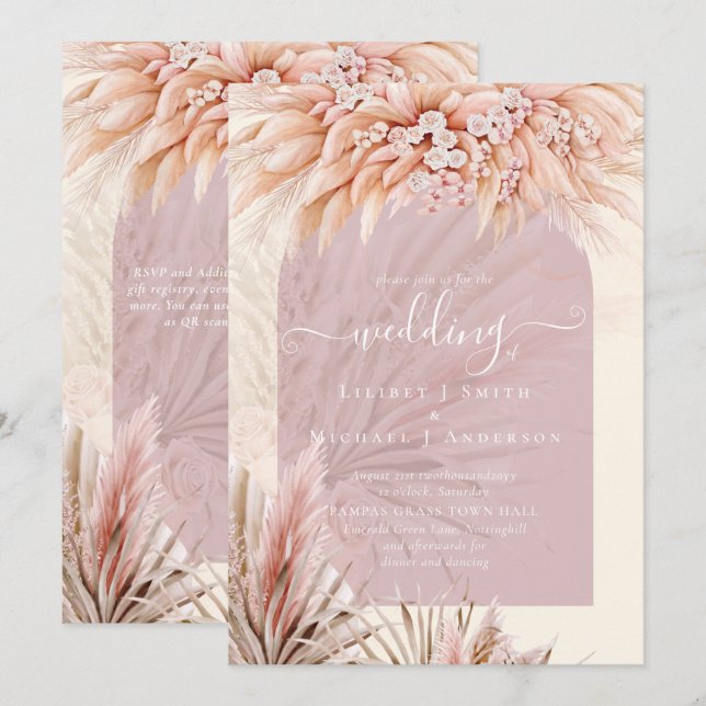 Convites BoHO Dusty Rosa Coral PAMPAS Casamento GRASS (Frente/Verso)