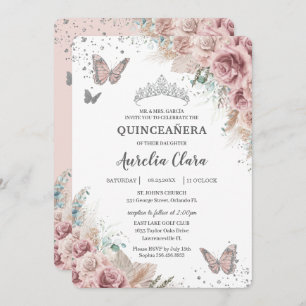 Convites Boho Dusty Rosa Floral Pampas Silver Quinceañera