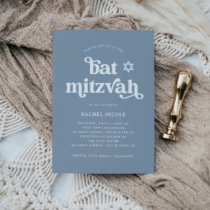 Convites Boho e Retro Azul Empoeirado Bat Mitzvah