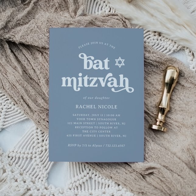 Convites Boho e Retro Azul Empoeirado | Bat Mitzvah (Criador carregado)