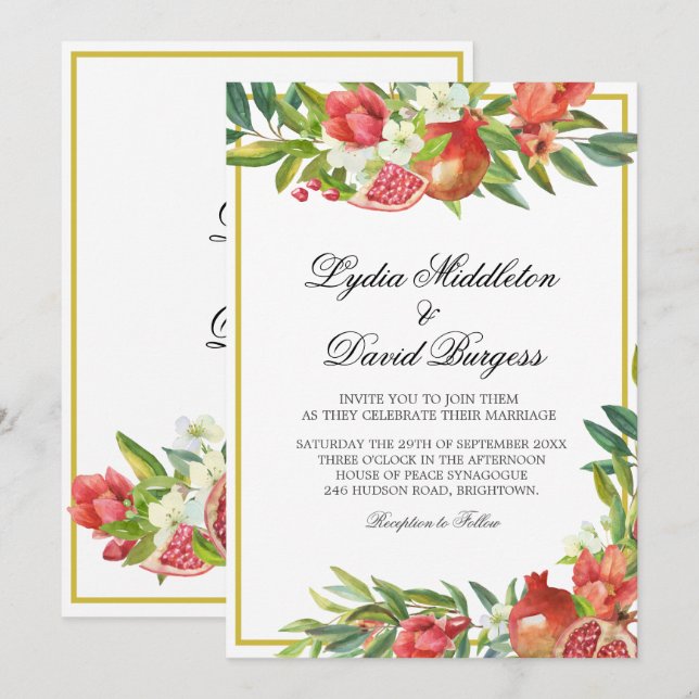 Convites Boho Elegante Botânico Casado Pomegranato (Frente/Verso)