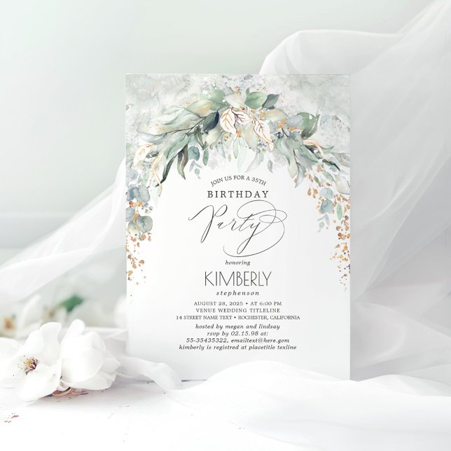 Convites Boho Elegante Dourado Glitter Greenery Aniversário (Greenery Romantic Birthday Invitations)