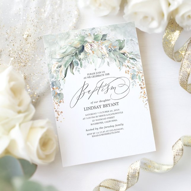 Convites Boho Elegante Dourado Glitter Greenery Baptism (Greenery Arch Baptism Invitation)