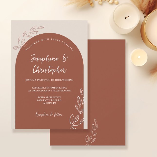Convites Boho Elegante Folha Terracotta Arco Laranja Queima (Boho elegant Arch leaf details terracotta burnt orange unique wedding invitation)