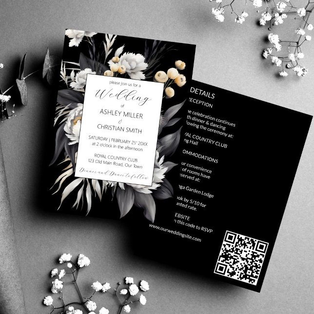 Convites Boho elegante preto e branco, tudo em um casamento (Black and white elegant boho flowers all in one wedding editable template invitation digital downloa)