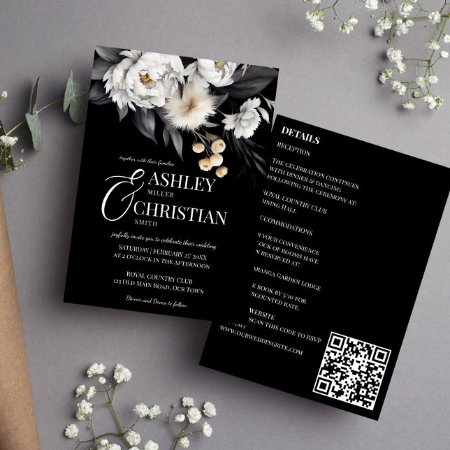 Convites Boho elegante preto e branco, tudo em um casamento (Black and white elegant boho all in one wedding editable template invitation digital download )
