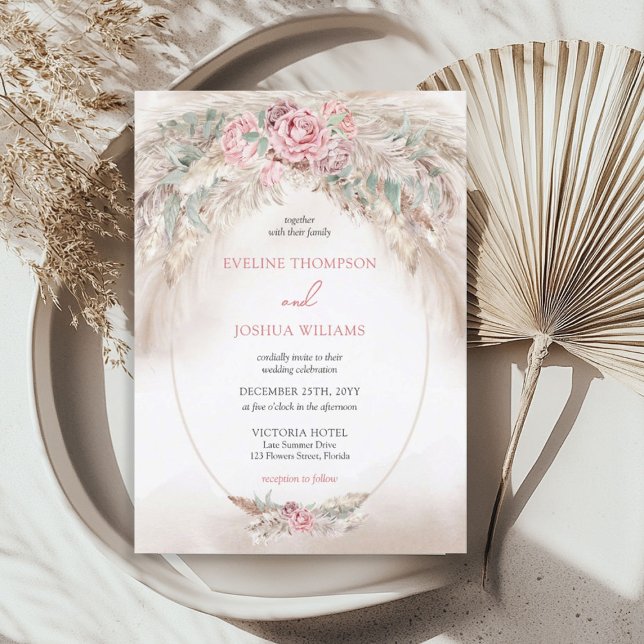 Convites Boho elegante rosa pampas eucalipto casamento (Boho elegant dusty rose pampas eucalyptus wedding invitation)