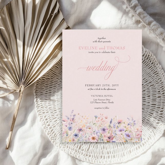 Convites Bóho Elegante, roxo e flores silvestres rosadas (Elegant boho summer purple and pink wildflowers invitation)
