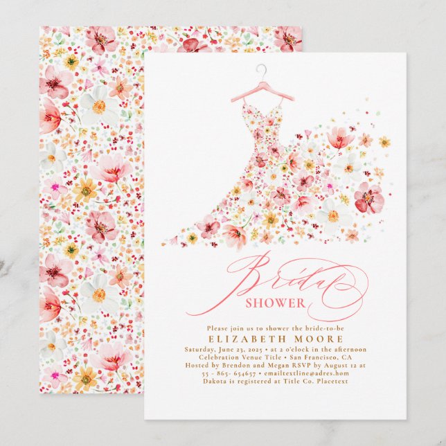 Convites Boho Elegante Wildflower Blush Chá de panela Flora (Frente/Verso)