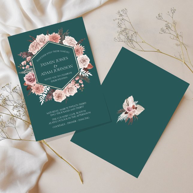 Convites Boho Emerald Green - Casamento Floral Cor-de-Rosa  (Boho Emerald Green Pink Floral Wreath Wedding Invitation)