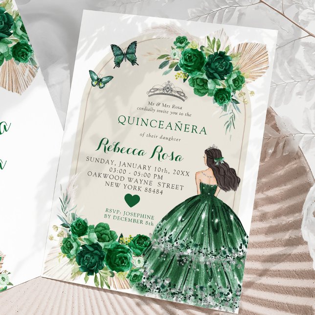 Convites Boho Emerald Green Rosas Princesa Quinceañera (Criador carregado)