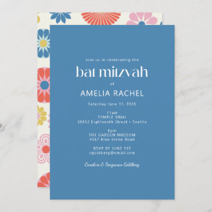 Convites Boho Escandinavo Flor Azul Bat Mitzvah