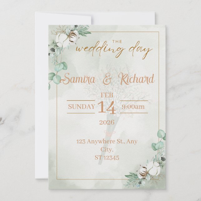 Convites Boho Eucalyptus & Cotton Wedding Invitation (Frente)