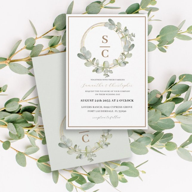 Convites Boho Eucalyptus Green & Dourado Wreath Wedding (Criador carregado)