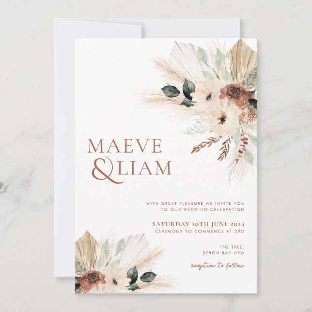 Convites Boho Eucalyptus Green Flowers Casamento Pampas (Frente)