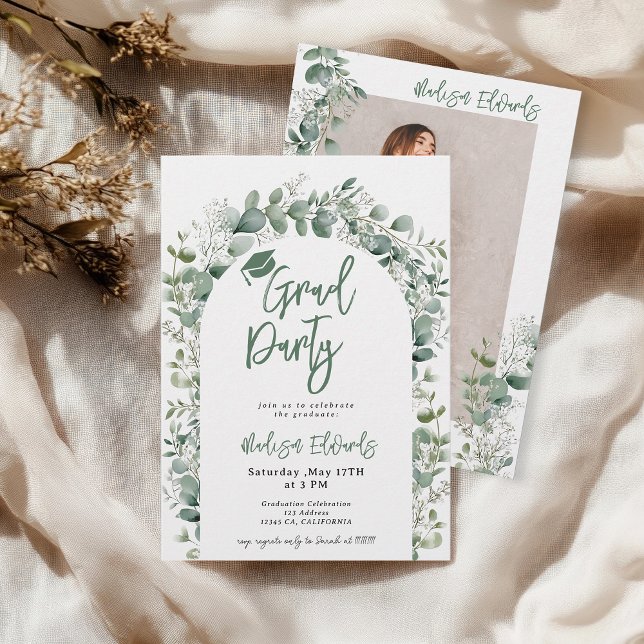 Convites Boho Eucalyptus Greenery Festa de formatura Fotogr (Boho Eucalyptus Greenery Photo Graduation Party Invitation)