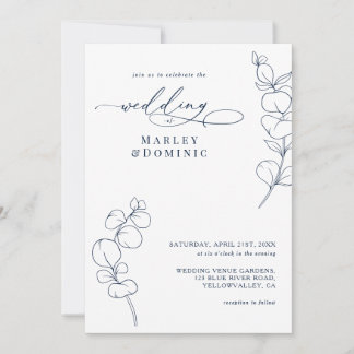 Convites Boho Eucalyptus Springs Navy Blue & White Wedding