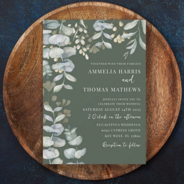Convites Boho Eucalyputus Casamento Botânico Verde Escuro I (Criador carregado)