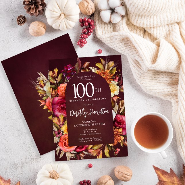 Convites Boho Fall Burgundy Script Floral 100º Aniversário (Beautiful fall flowers create a rustic Boho arch on this autumn 100th birthday invitation. )