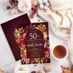 Convites Boho Fall Burgundy Script Floral 50º Aniversário<br><div class="desc">Lindas flores de outono criam um arco de moda Boho. Rosas vermelhas,  flores de terracotta e peões brancos misturam-se com folhas verdes e folhagem. As flores e o pop branco moderno contra o fundo vermelho burgundy. Este item faz parte da coleção Flores de Quedas de Borgonha.</div>